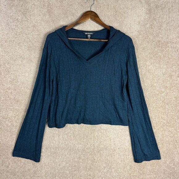 Athleta Harmony Pose Hoodie Womens‎ XS Blue Ribbed Knit Relaxed Fit Sweater Top - Picture 2 of 9